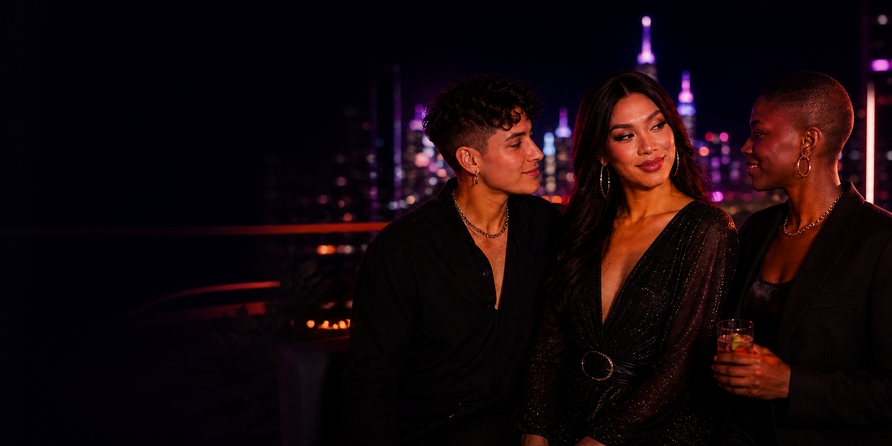 Three diverse adults sharing a warm moment at a rooftop lounge